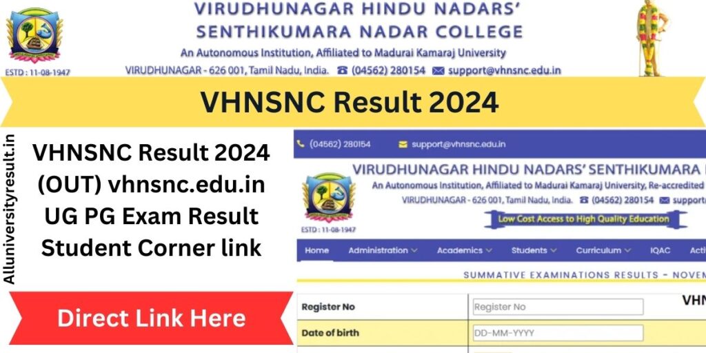 VHNSNC Result 2024 (OUT) vhnsnc.edu.in UG PG Exam Result Student Corner link